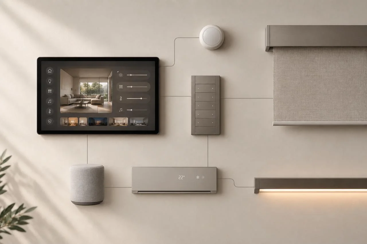 Control panel, wall keypad, sensor, shade, climate, speaker and light strip wired into one system